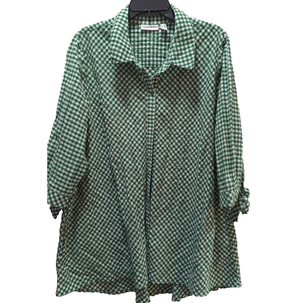 Susan Graver green white checked 22W button top blouse 3/4 sleeve seersucker